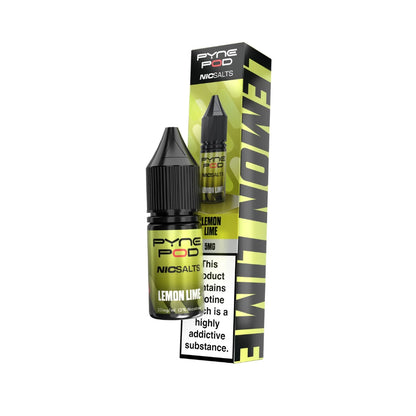 Pyne Pod Nic salt e-liquid yellow bottle in "Lemon lime" flavour with corresponding packaging on a white background
