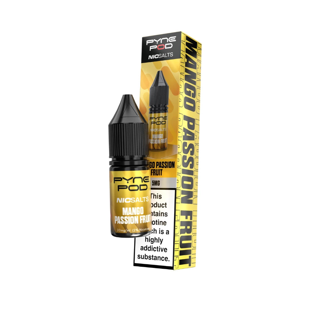 Pyne Pod Nic salt e-liquid gold bottle in "mango passion fruit" flavour with corresponding packaging on a white background