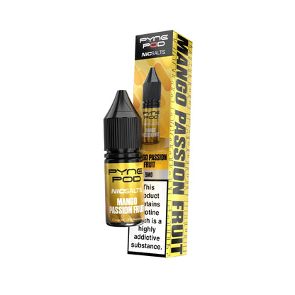 Pyne Pod Nic salt e-liquid gold bottle in "mango passion fruit" flavour with corresponding packaging on a white background