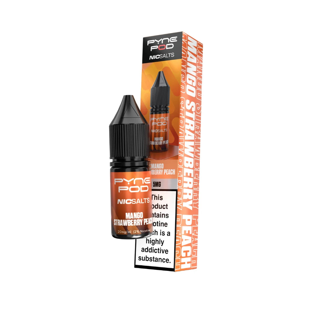 Pyne Pod Nic salt e-liquid orange bottle in "mango strawberry peach" flavour with corresponding packaging on a white background