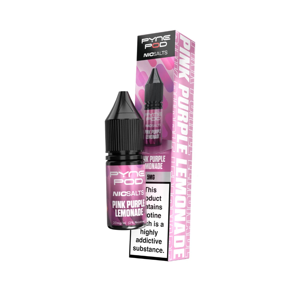 Pyne Pod Nic salt e-liquid lavender-colour bottle in "pink purple lemonade" flavour with corresponding packaging on a white background
