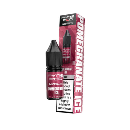 Pyne Pod Nic salt e-liquid burgundy bottle in "pomegranate ice" flavour with corresponding packaging on a white background