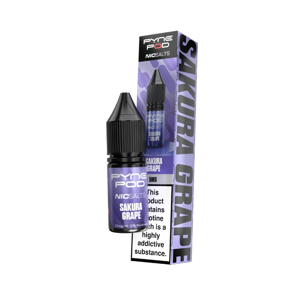 Pyne Pod Nic salt e-liquid blue/purple bottle in "sakura grape" flavour with corresponding packaging on a white background
