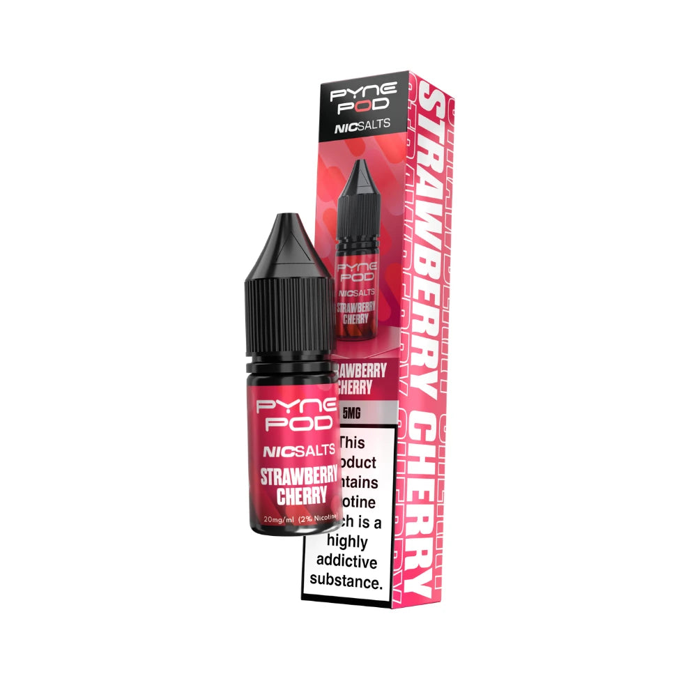 Pyne Pod Nic salt e-liquid red bottle in "Strawberry cherry" flavour with corresponding packaging on a white background