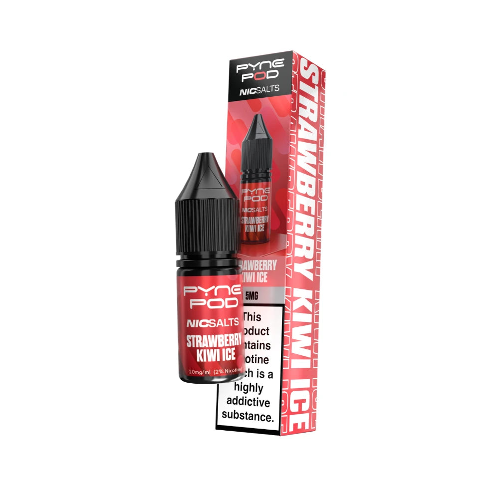 Pyne Pod Nic salt e-liquid red bottle in "strawberry kiwi ice" flavour with corresponding packaging on a white background