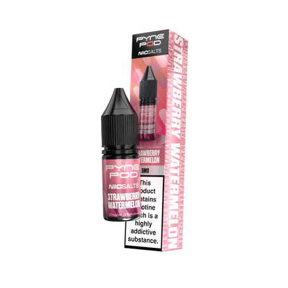 Pyne Pod Nic salt e-liquid baby-pink bottle in "strawberry watermelon" flavour with corresponding packaging on a white background