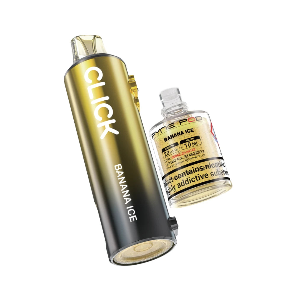 Pyne Pod Click 50k Refill pod and prefilled container in "Banana ice" flavour on a white background.