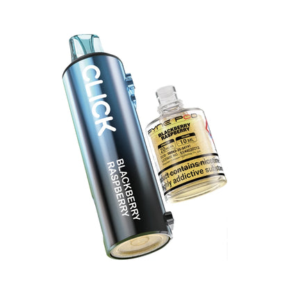 Pyne Pod Click 50k Refill pod and prefilled container in "Blackberry Raspberry" flavour on a white background.