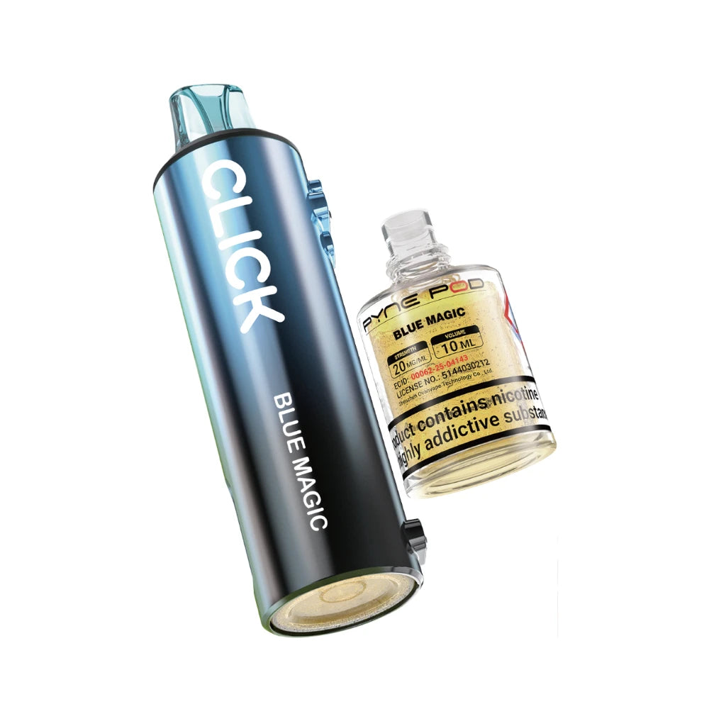 Pyne Pod Click 50k Refill pod and prefilled container in "Blue Magic" flavour on a white background.