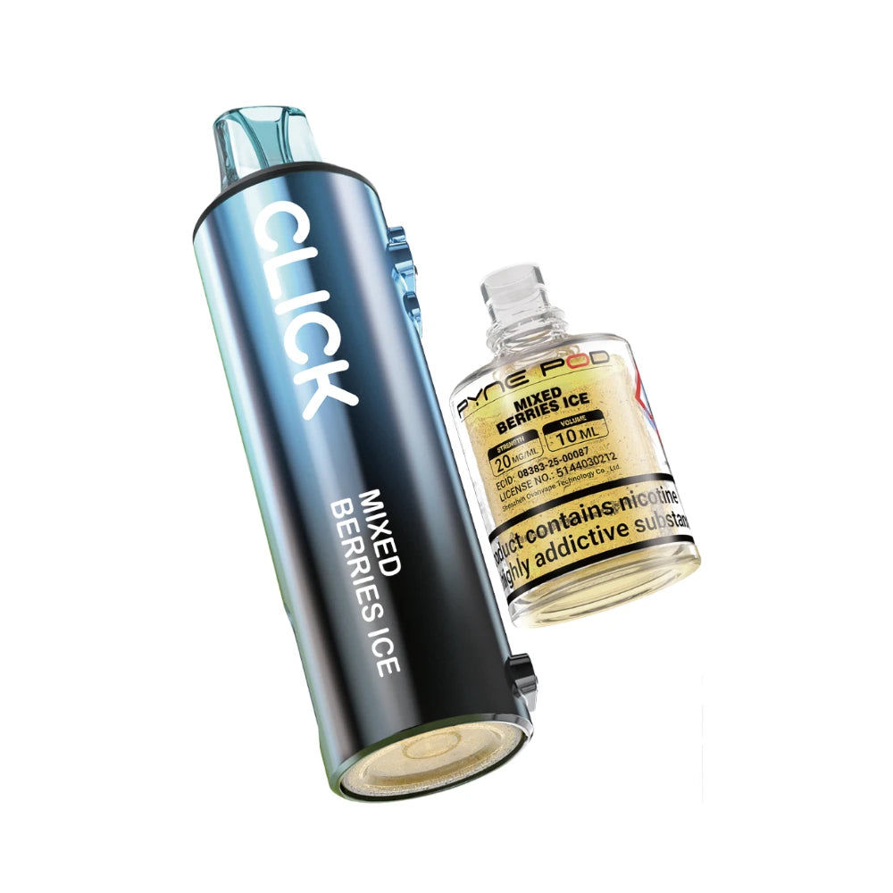 Pyne Pod Click 50k Refill pod and prefilled container in "Mix Berries Ice" flavour on a white background.
