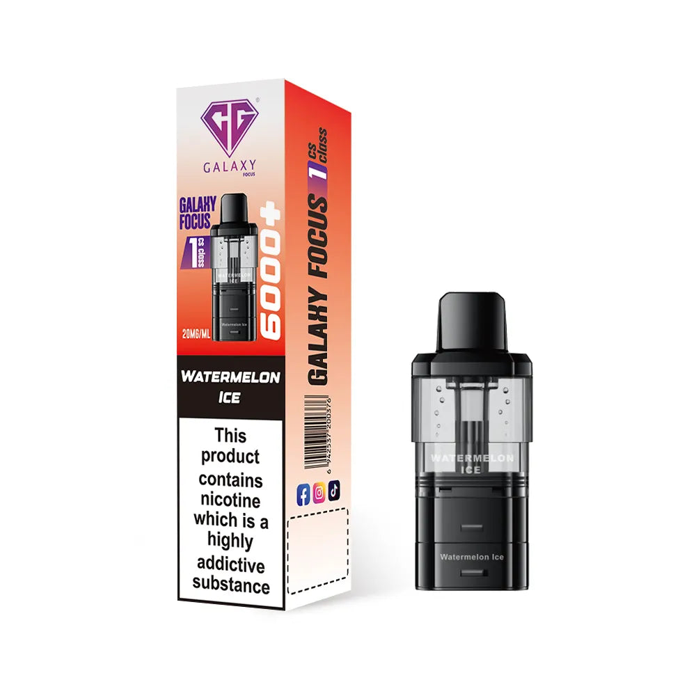 Crystal Galaxy refill pod in the flavour watermelon ice with packaging on a white background