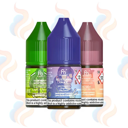 Three bottles of R&M Tornado 7000 nic salt e-liquids in 10mg nicotine strength on a white background.