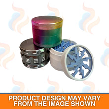 Multicoloured metal grinders and one with open top showing blue interior on a white background