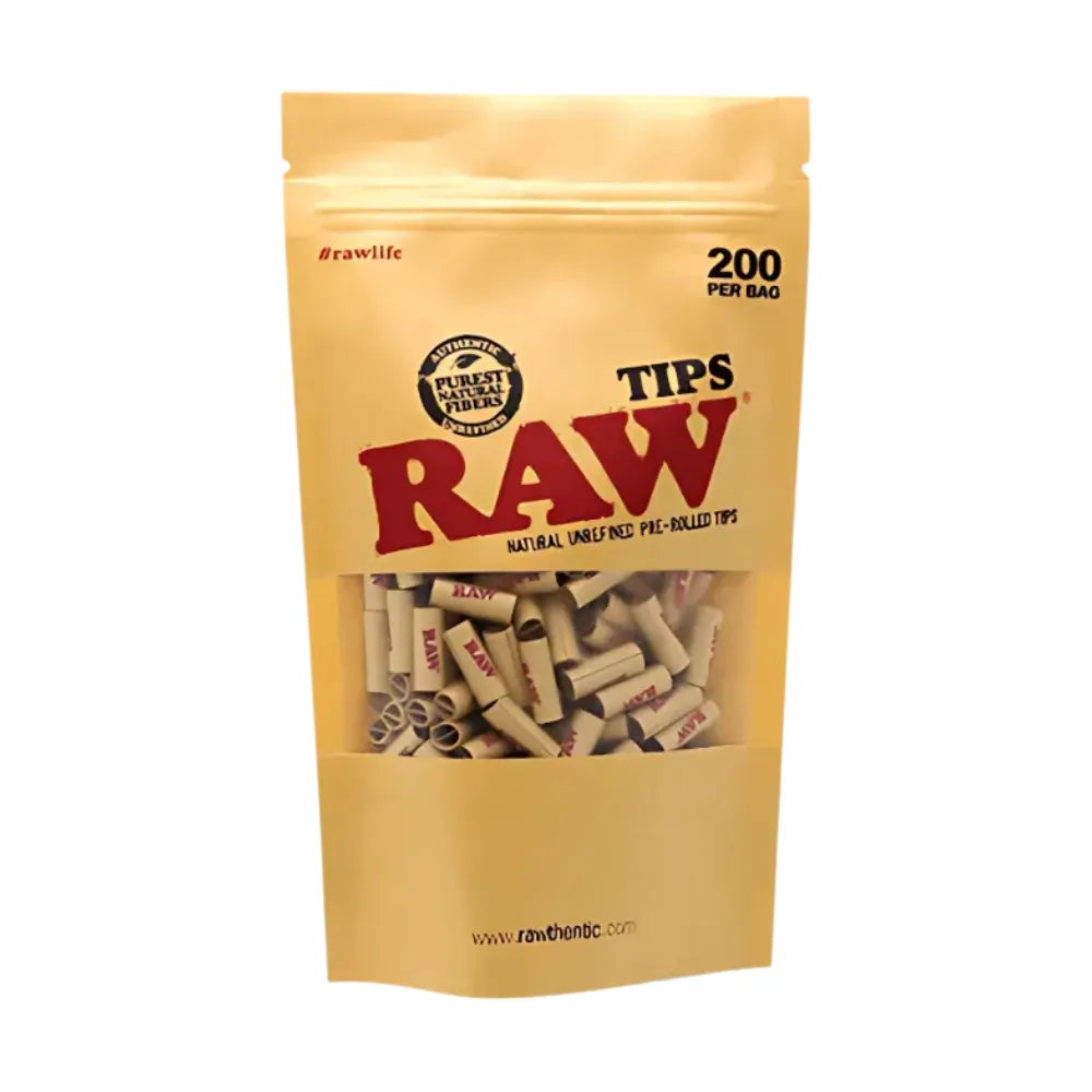 Bag of 200 Raw pre rolled tips on a white background