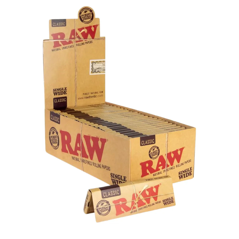 Box of 50 Raw single wide rolling papers with red and brown design on a white background