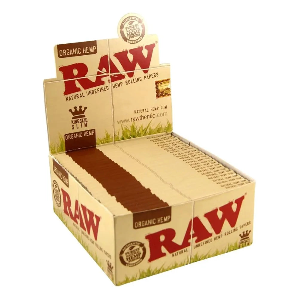 Box of 50 Raw organic hemp rolling papers on a white background