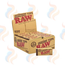 Box of 50 Raw Perforated Tips with branding and text on a white background