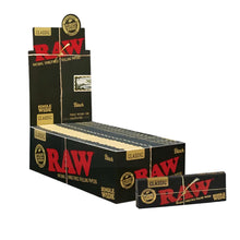 Box of Raw black single wide rolling papers with visible branding.
