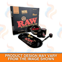 RAW black smoking gift set with packaging, ashtray, roll tray, grinder, pot and pipe on a white background