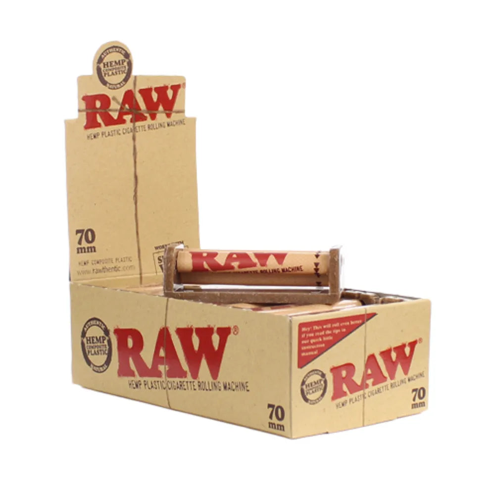 Box of 70mm Raw hemp cigarette rolling machine on a white background
