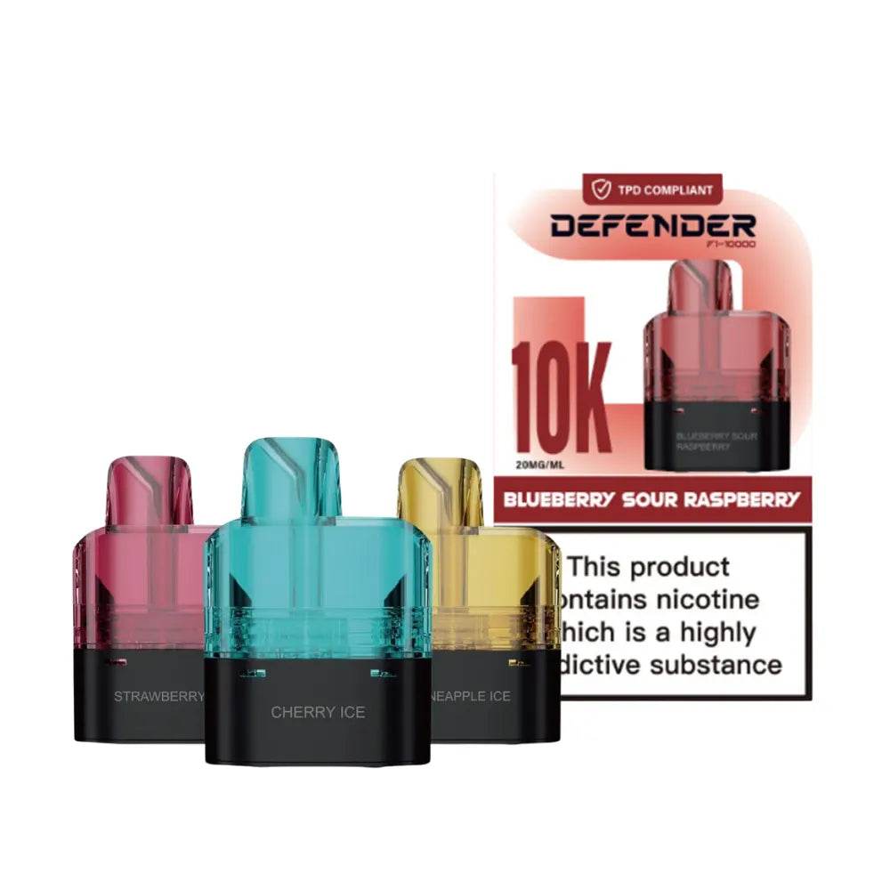 Defender F1 10000 prefilled pods with 3 pods and packaging on a white background