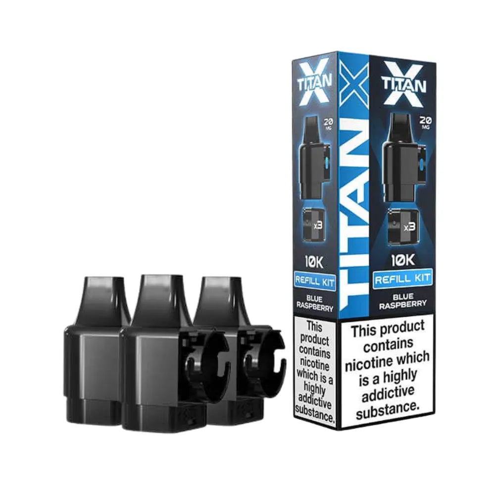 Titan X Blue Raspberry refill packaging with black refills on a white background