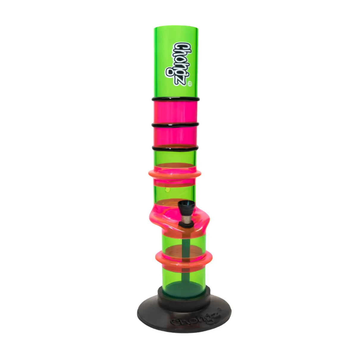 A tall, multi-tiered smoking waterpipe by Chongz , featuring translucent green and hot pink plastic tubes and rings on a black base, isolated on a white background.