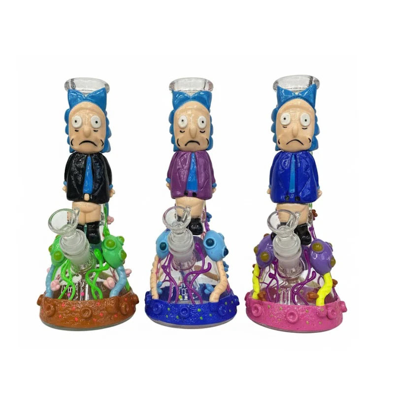 Three colourful Rick & Morty inspired waterpipes on a white background
