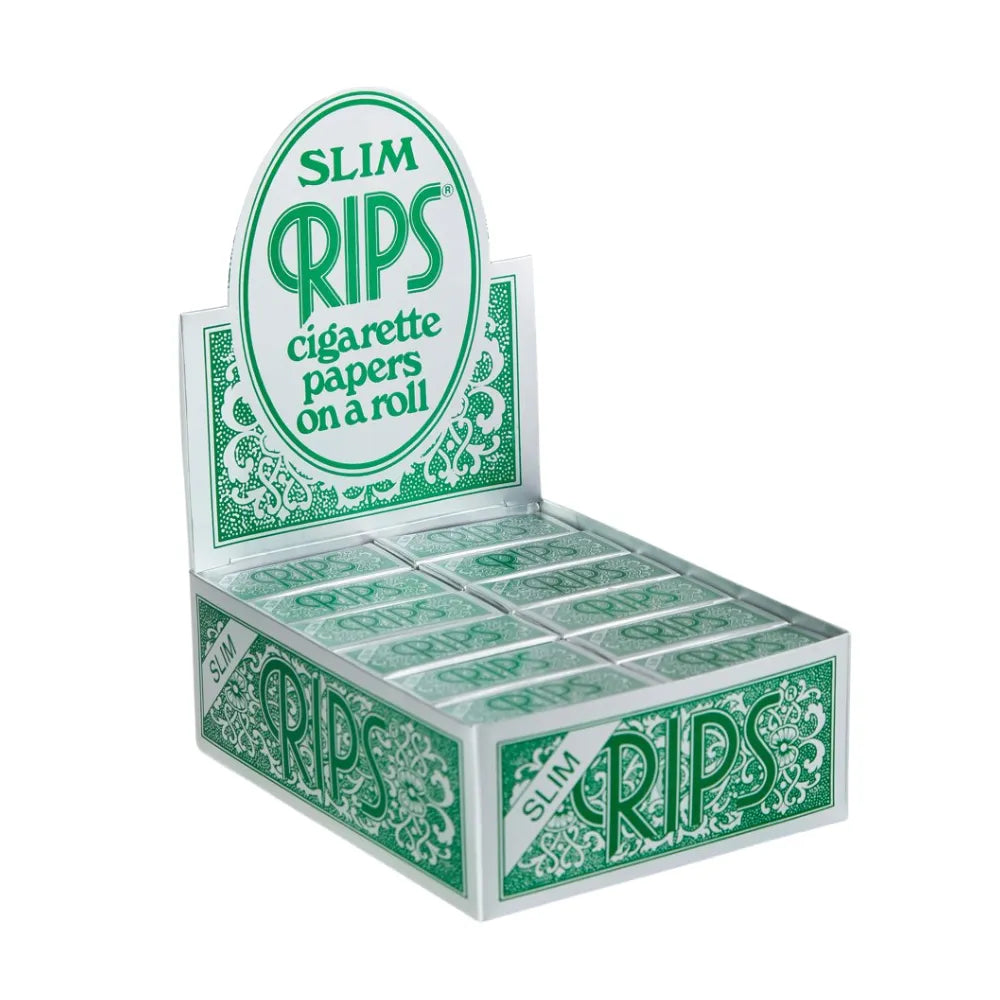 Box of Slim Rips cigarette papers on a roll with green and white design.