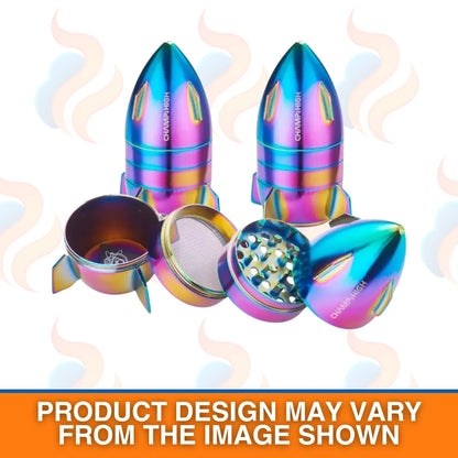 Colourful rocket-shaped grinder with open compartments on a white background