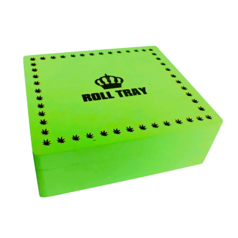 Green large wooden box with "Roll Tray" branding on a white background
