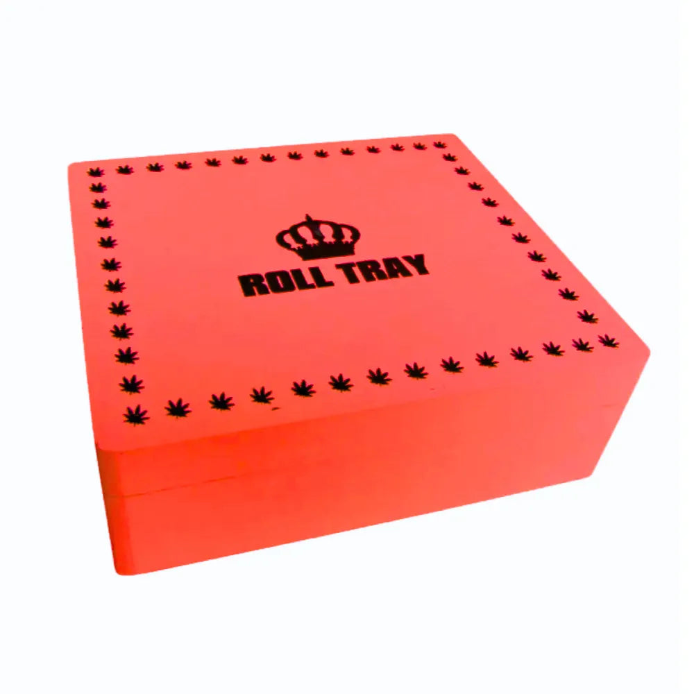 Red large wooden box with "Roll Tray" branding on a white background