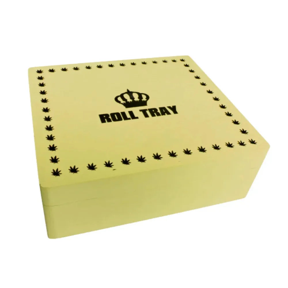 Natural-wood large wooden box with "Roll Tray" branding on a white background