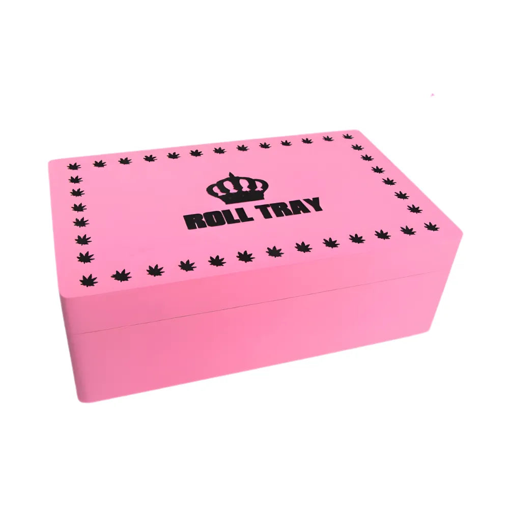 Pink medium-size wooden box with "Roll Tray" branding on a white background