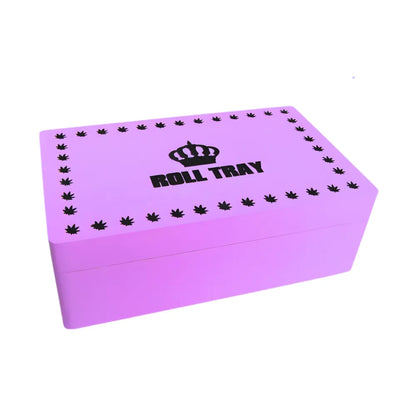 Purple medium-size wooden box with "Roll Tray" branding on a white background