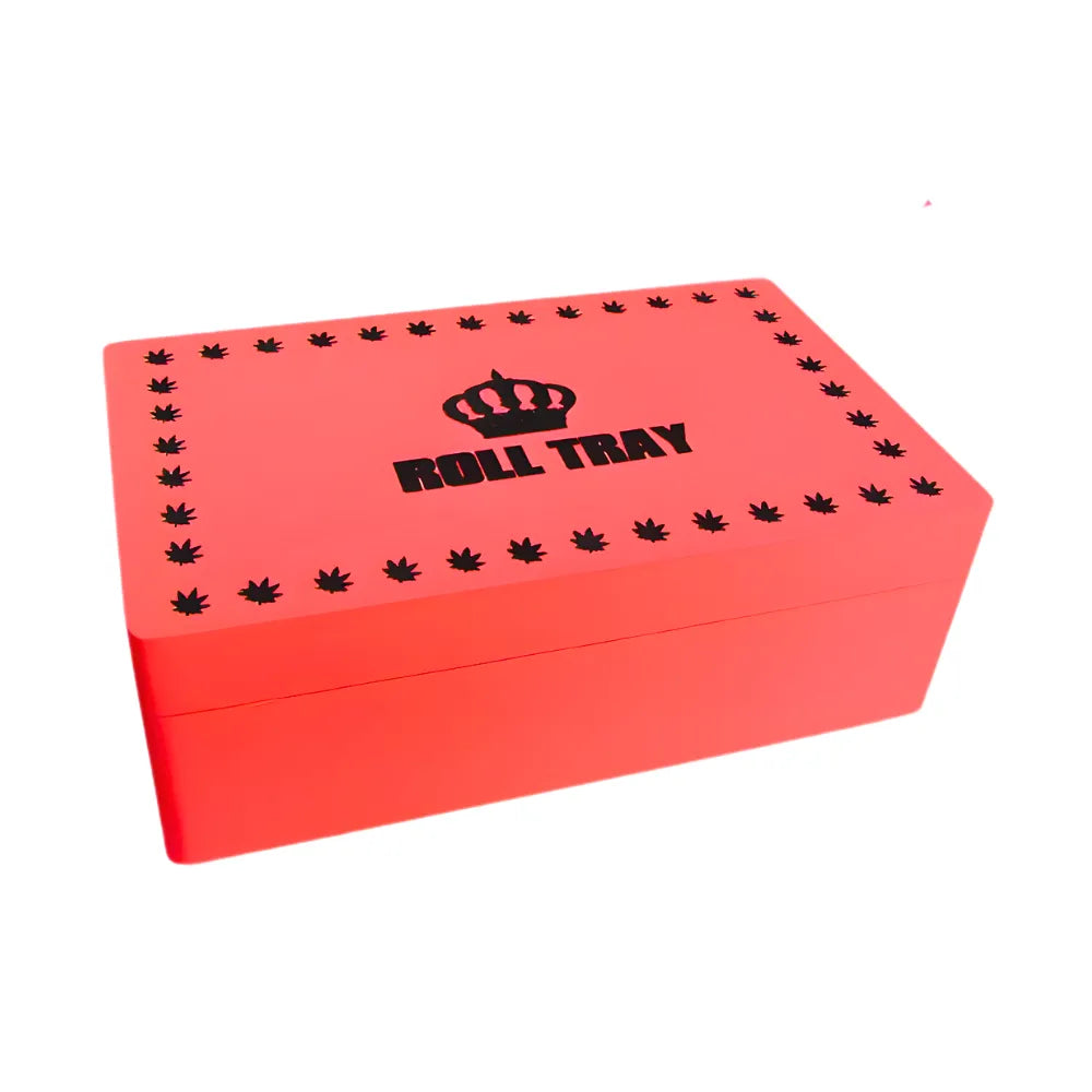 Red medium-size wooden box with "Roll Tray" branding on a white background