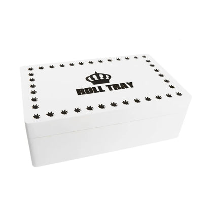 White medium-size wooden box with "Roll Tray" branding on a white background
