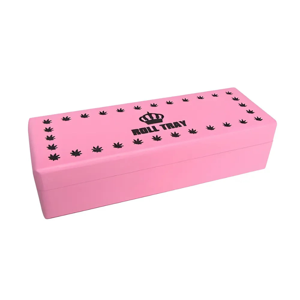 Pink small wooden box with "Roll Tray" branding on a white background
