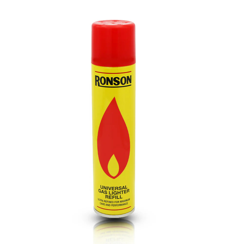 Ronson universal gas lighter refill can with red cap and flame symbol on yellow background