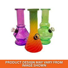 Three colourful shaped glass bongs on a white background