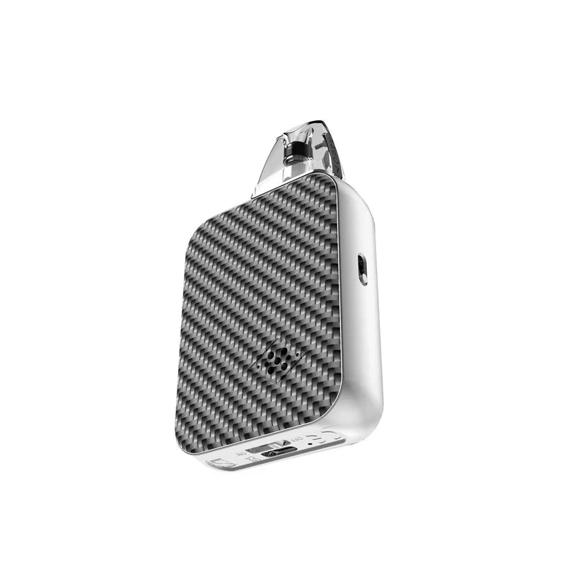 Vape device with carbon fiber texture on a white background