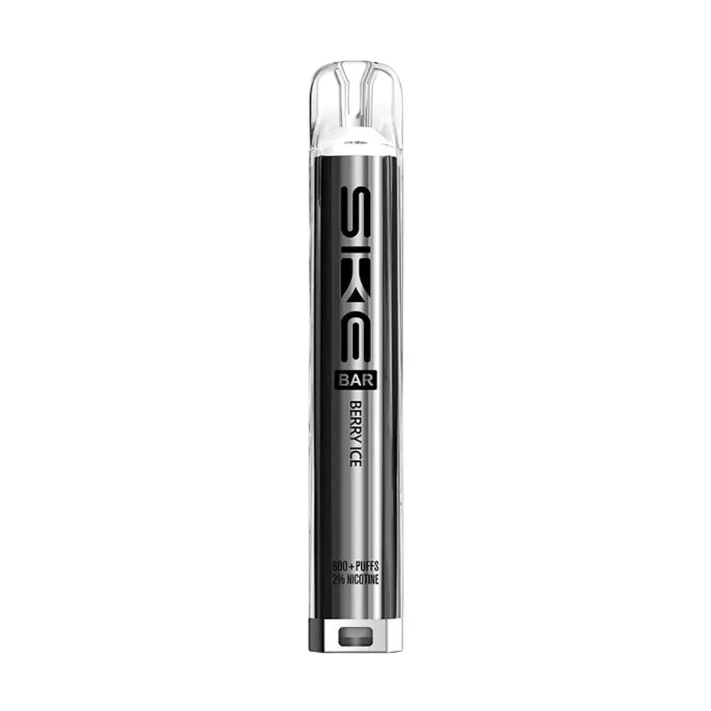 Silver vape device with 'SKE' branding on a white background