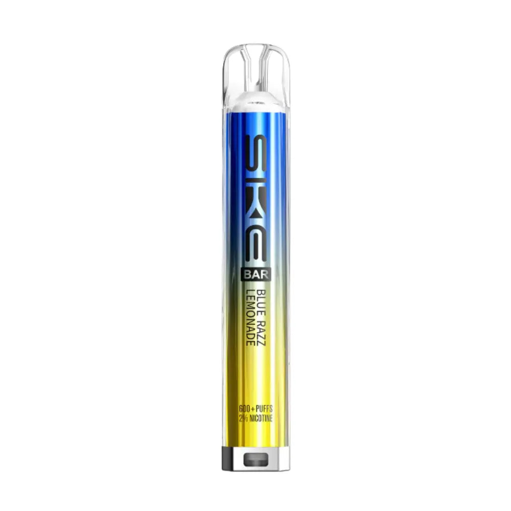 SKE vape pen with blue and yellow design on a white background