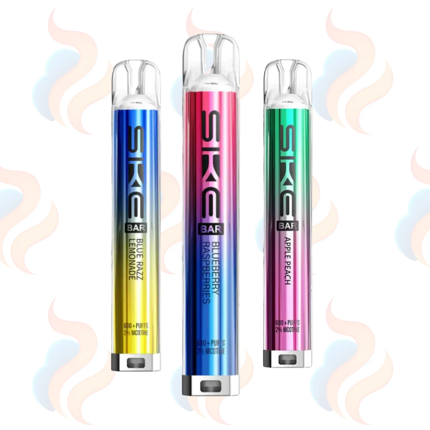 Three SKE vape bars in blue, pink, and green on a white background with UK Vape Supply Logo