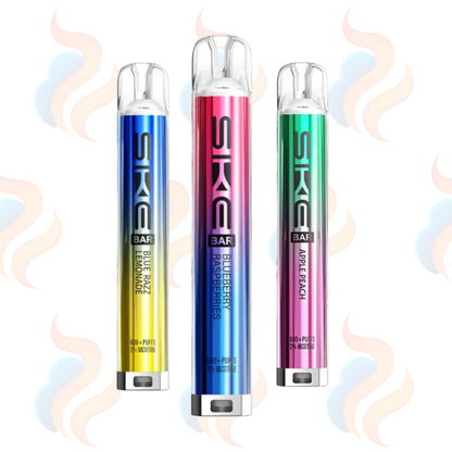 Three SKE vape bars in blue, pink, and green on a white background with UK Vape Supply Logo