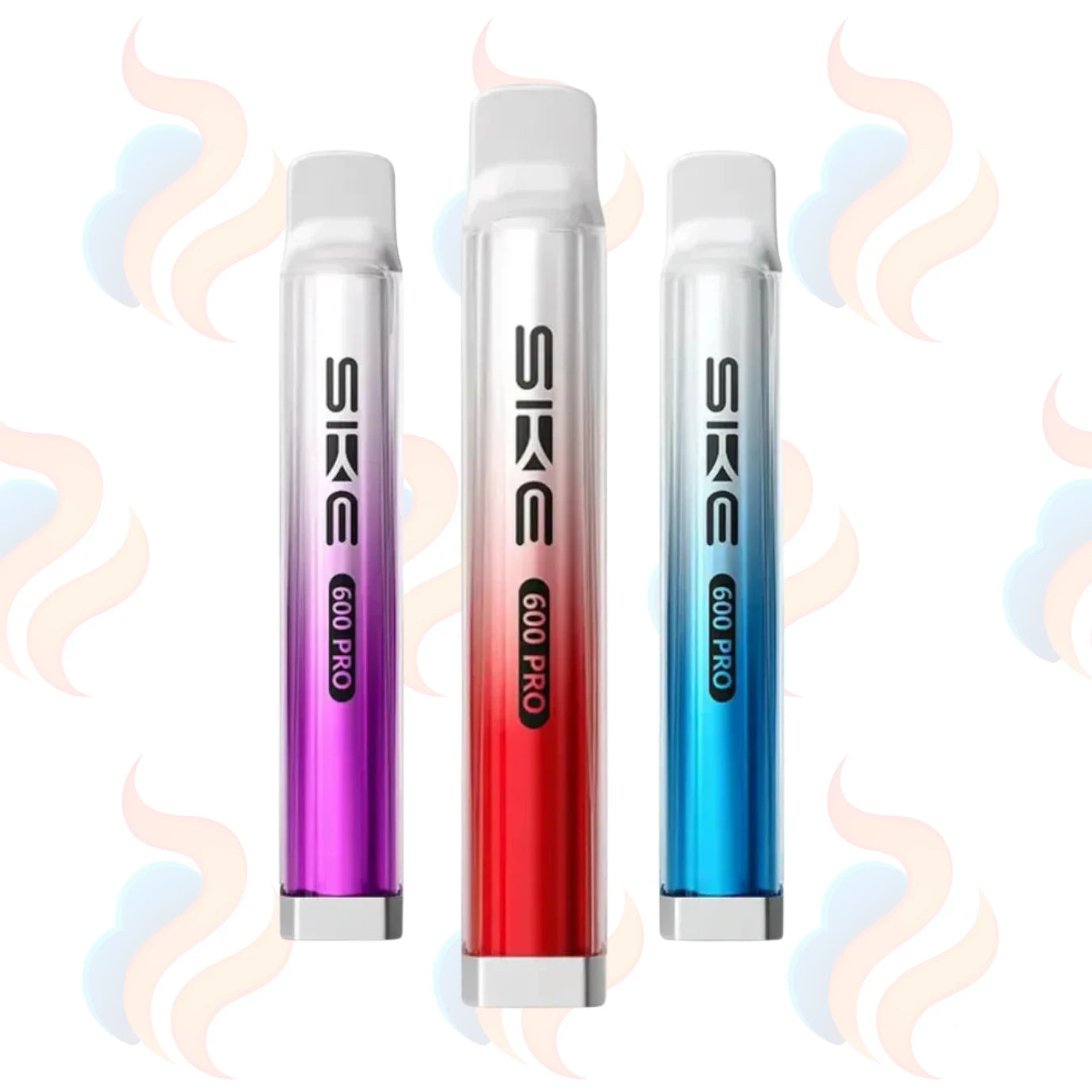 Three SKE 600 Pro vape devices in purple, red, and blue on a white background with UK Vape Supply Logo