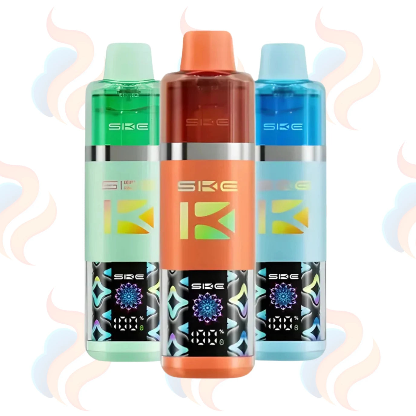 Three colorful SKE vape devices on a white background with UK Vape Supply Logo