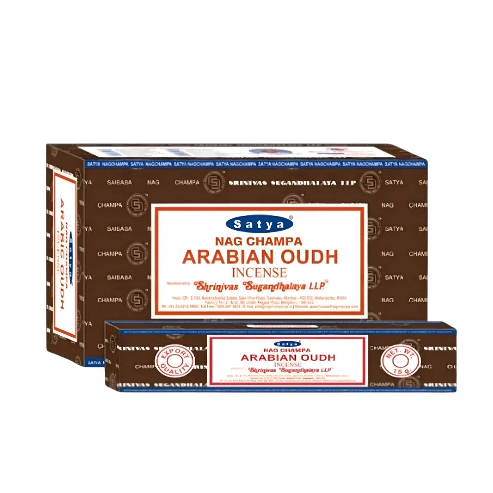 Box of 12pcs Nag Champa incense sticks in the scent "Arabian Oudh" with branding on a white background