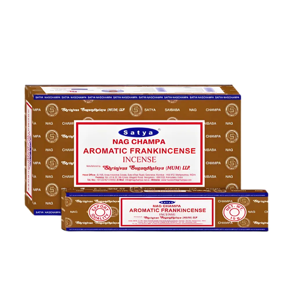 Box of 12pcs Nag Champa incense sticks in the scent "Aromatic Frankincense" with branding on a white background