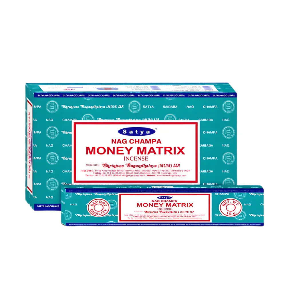 Box of 12pcs Nag Champa incense sticks in the scent "Money Matrix" with branding on a white background